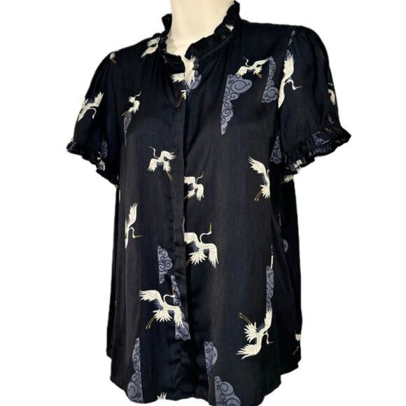 T Tahari Crane Print Black Ruffle Short Sleeve Blouse Small - Picture 6 of 8